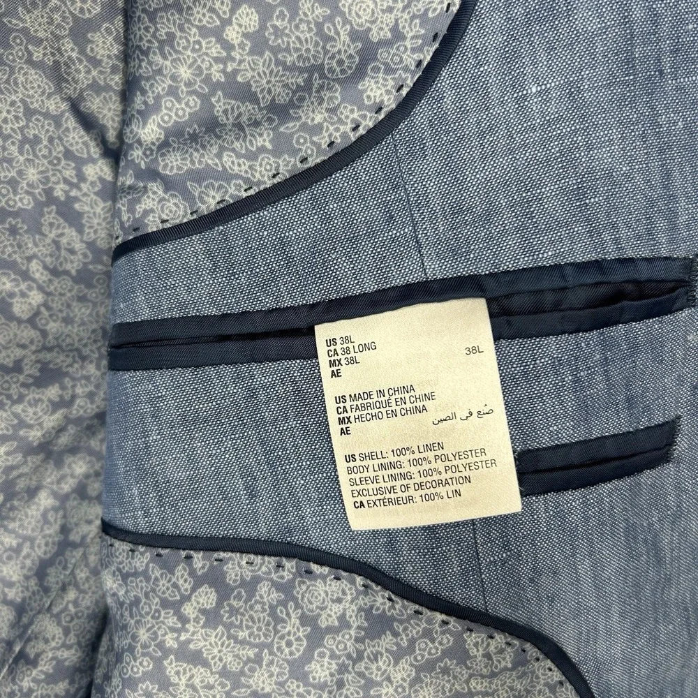 100% Linen Blazer Jacket Men's 38L Blue Slim Fit Bar III Beach Wedding Summer